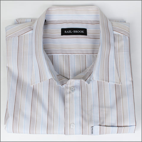 Rael Brook Tan & Brown Blue Stripe Short sleeve Shirt.