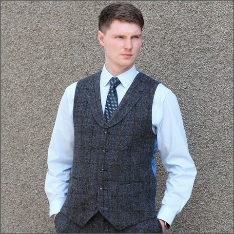 Harris Tweed Grey Marl with Blue Over Check Waistcoat=