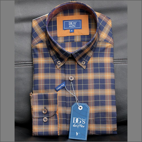 Drifter Ivano Tan,Navy & Beige Check Shirt^