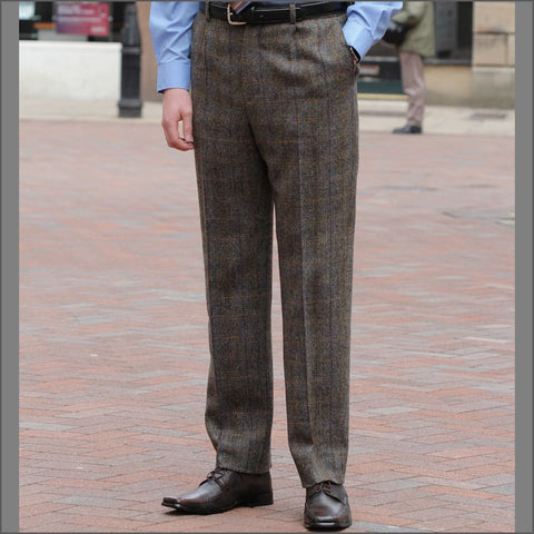 Harris Tweed Brown, Blue Herringbone Trousers=