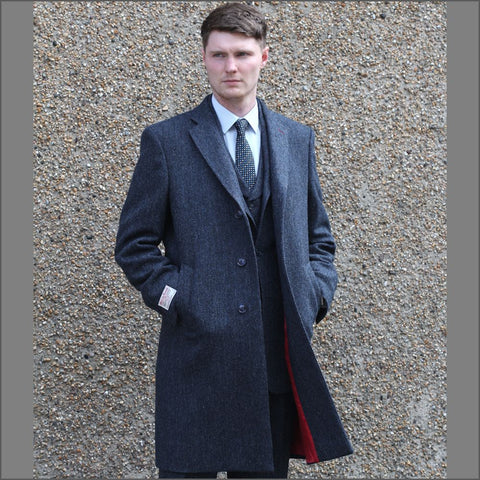 Harris Tweed Dark Blue Herringbone Overcoat*