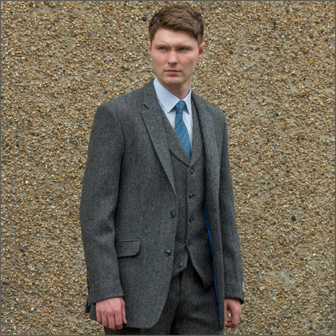 Harris Tweed Heather Blue Herringbone 3pc Suit=