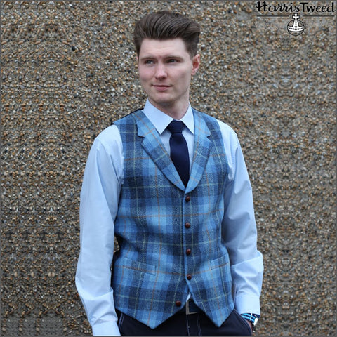 Harris Tweed Light Blue Check Waistcoat`