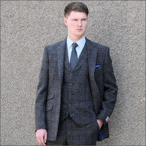 Harris Tweed Grey Marl With Blue Over Check Jacket=