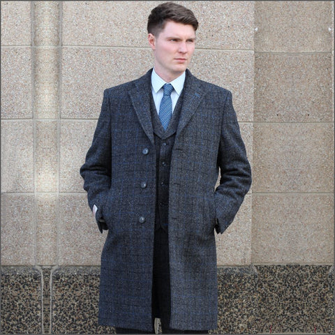 Harris Tweed Charcoal with Blue Check Overcoat*