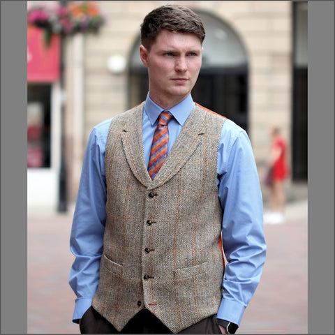 Harris Tweed Lt Fawn Herringbone Waist Coat`